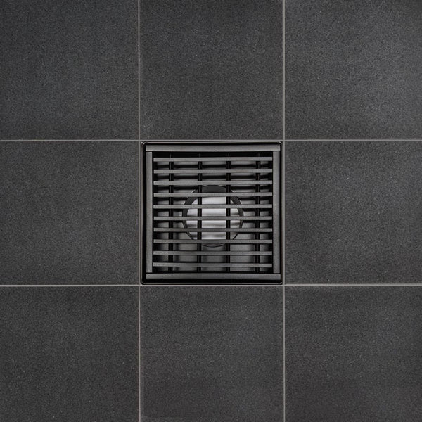 4 Inch Black Square Floor Drain with Hair Trap and Base Flange Wedgewire Design
