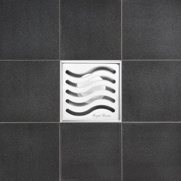 4 Inch Brushed Square Drain Kit with Hair Trap and Base Flange – Ocean Wave Design