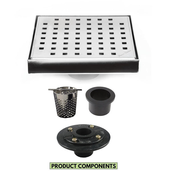 6 Inch Floor Drain with Hair Trap and Drain Flange – Brushed Traditional Square Design