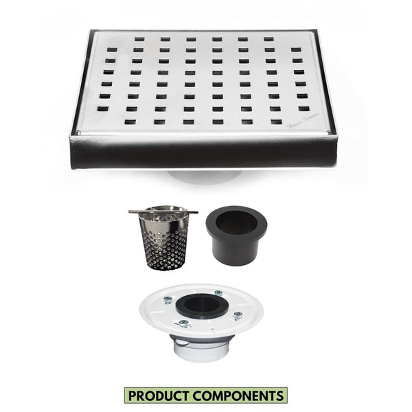 6 Inch Floor Drain with Hair Trap and Drain Flange – Brushed Traditional Square Design