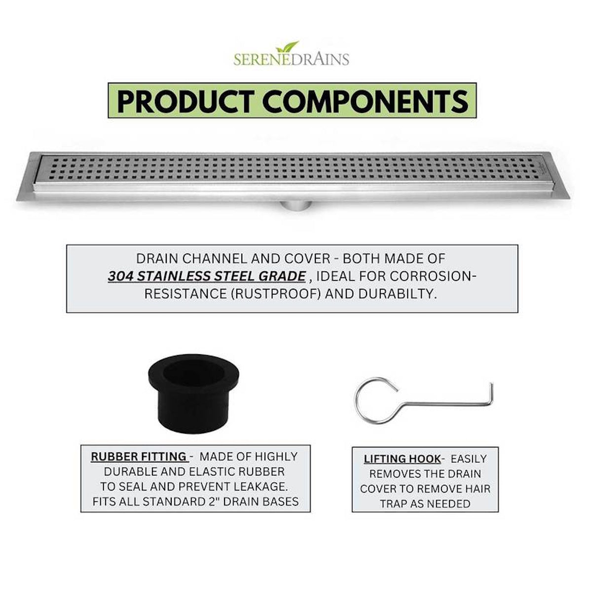 SereneDrains 24 Inch Linear Shower Drain Kit with 2 Inch Drain Flange, Hair Trap | 6 Grate Designs