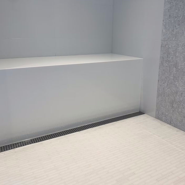 Wall-to-Wall Linear Shower Drain, Brushed Square Perforated Design, Drains Unlimited