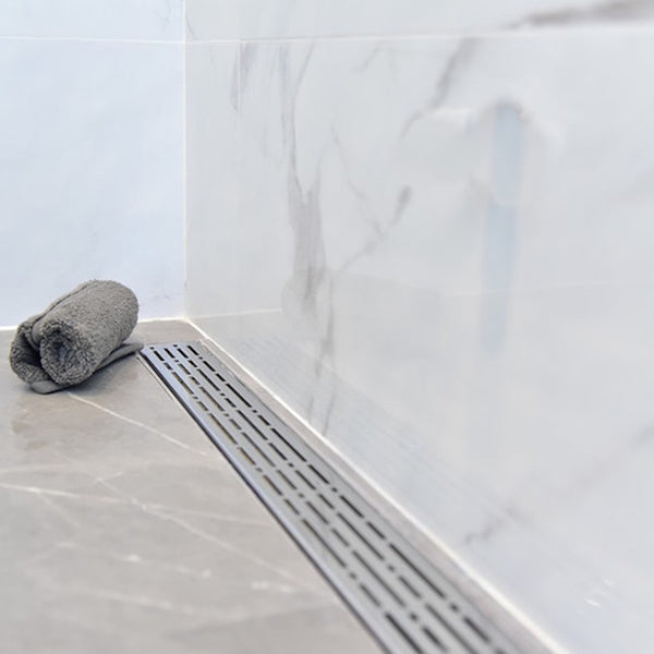 24 Inch Linear Shower Drain Offset Outlet with Hair Strainer by SereneDrains