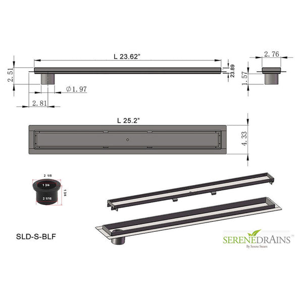 24 Inch Linear Shower Drain Offset Outlet with Hair Strainer by SereneDrains