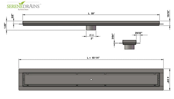 59 Inch Tile Insert Linear Shower Drain, Stainless Steel, Tile-In Linear Drain by SereneDrains