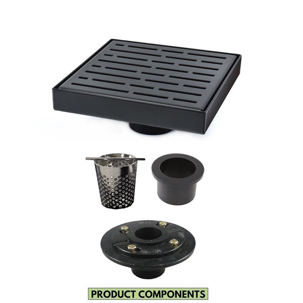 6 Inch Black Shower Drain for Bathrooms with Hair Trap and Drain Flange