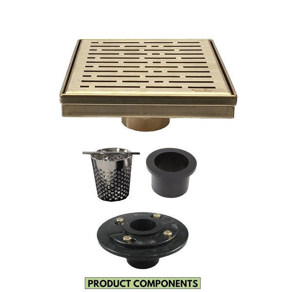 6 Inch Gold Square Shower Drain Cover with Hair Trap and Base Flange – Broken Lane Design