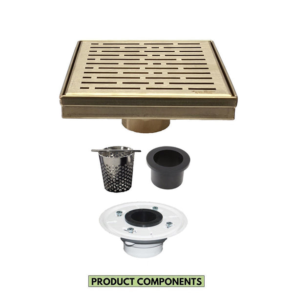 6 Inch Gold Square Shower Drain Cover with Hair Trap and Base Flange – Broken Lane Design