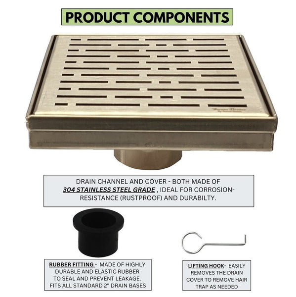 SereneDrains 6 Inch Square Gold Shower Drain Cover