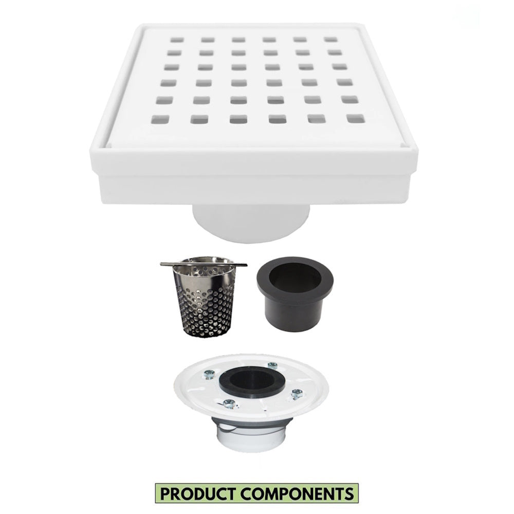 4 Inch Matte White Floor Drain with Hair Trap and Base Flange – Traditional Square Design