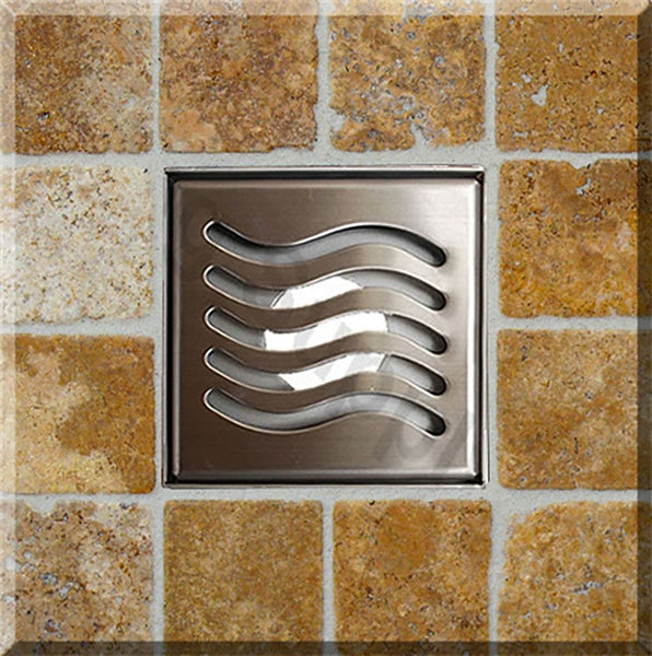 4 Inch Brushed Square Drain Kit with Hair Trap and Base Flange – Ocean Wave Design