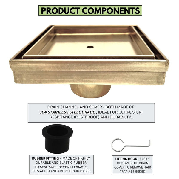 5 Inch Gold Tile Insert Shower Drain with Hair Trap and Drain Flange Kit