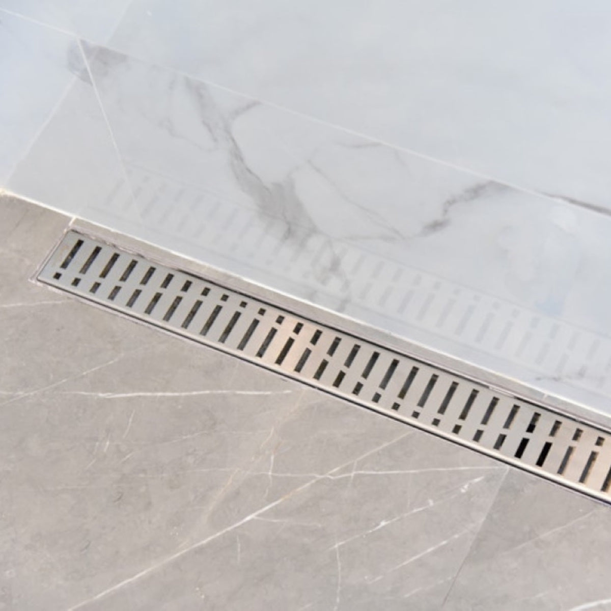 30 Inch Offset Outlet Linear Shower Drain with Hair Strainer by SereneDrains
