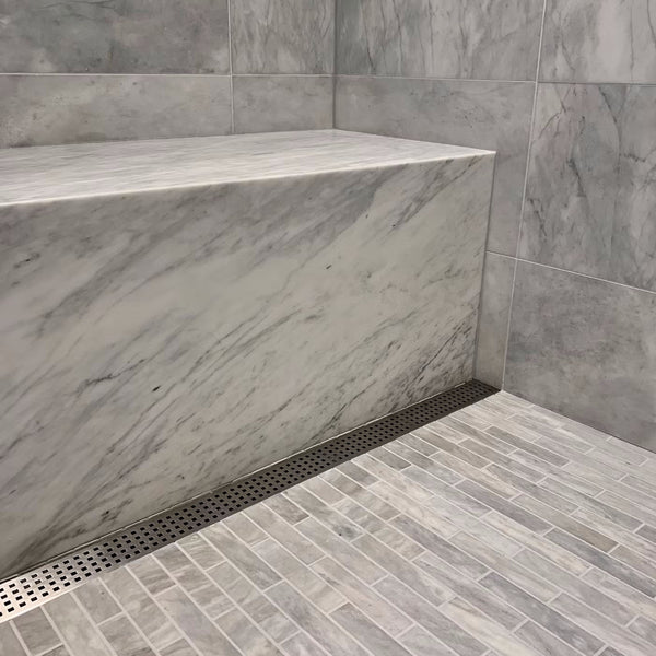Wall-to-Wall Linear Shower Drain, Brushed Square Perforated Design, Drains Unlimited