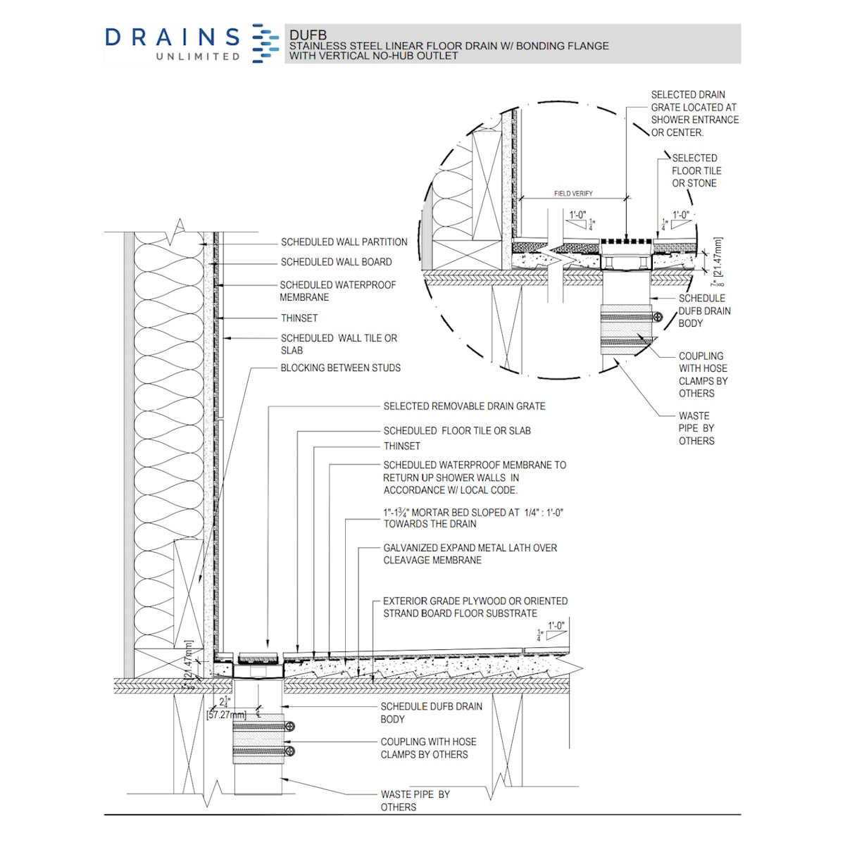 Flush Wall Linear Shower Drain, Brushed Square Design, Backwall Flange