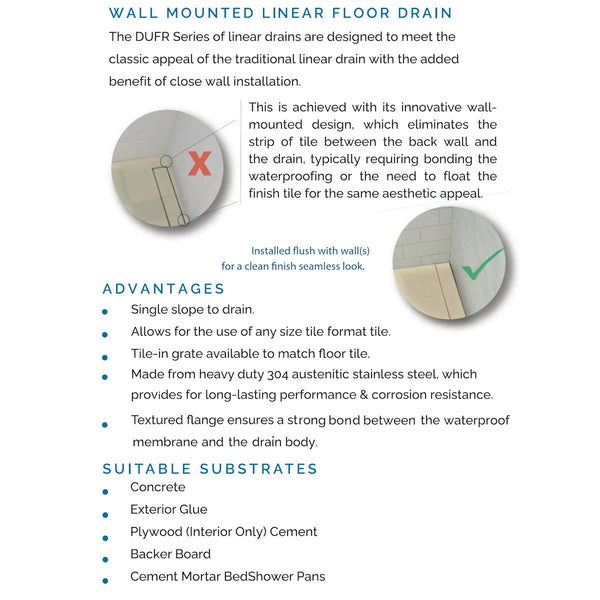Tile Insert Wall-Mounted Wall-to-Wall Linear Shower Drain by Drains Unlimited