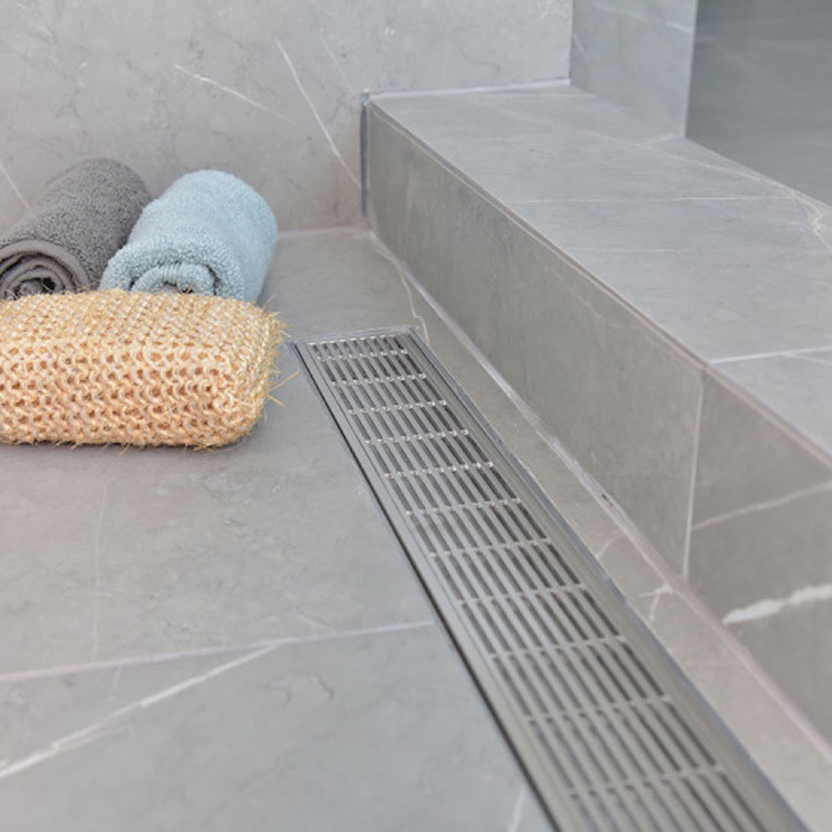 30 Inch Linear Drain Offset Outlet with Hair Strainer by SereneDrains