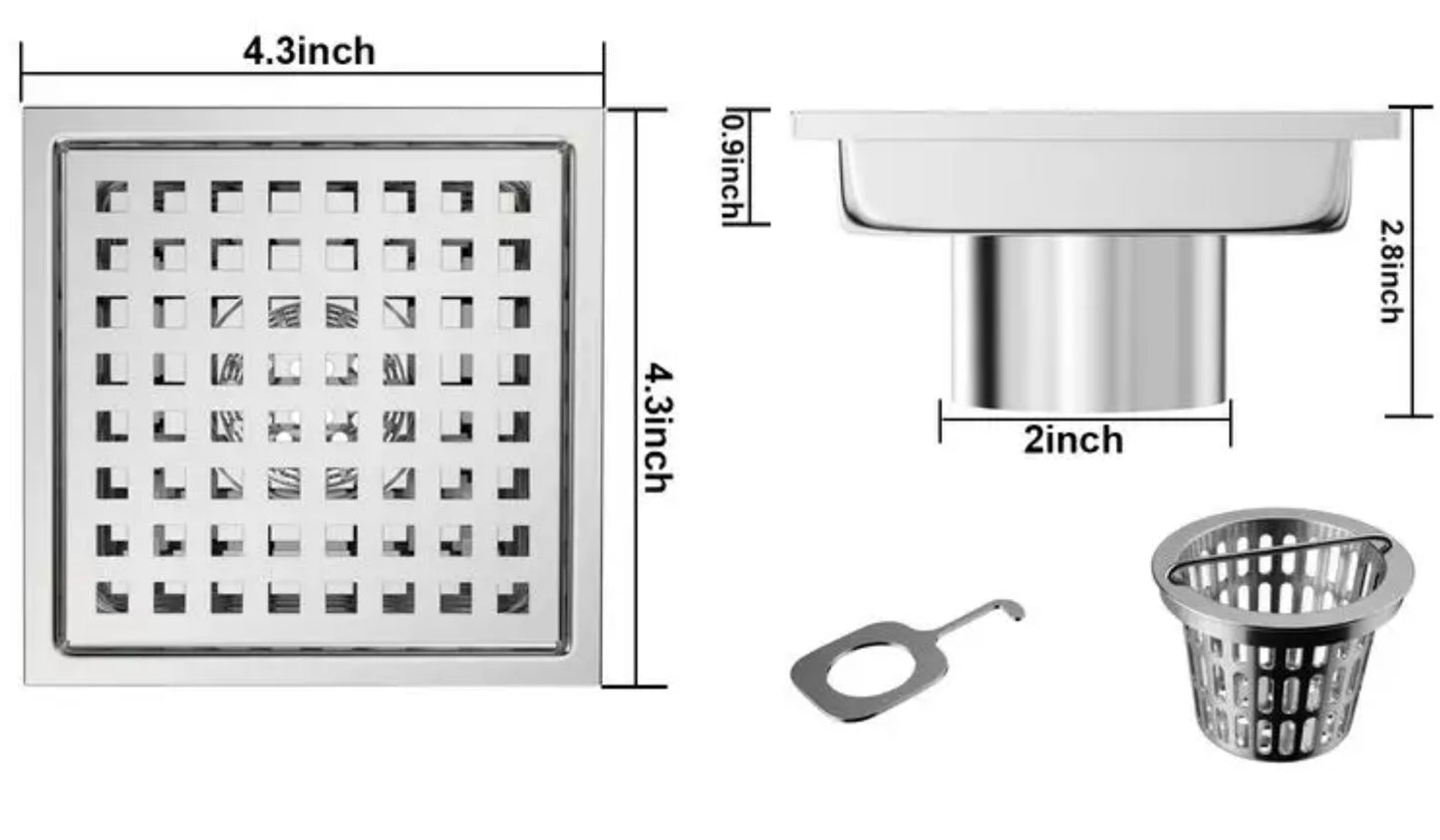 Silver Stainless Steel 4 Inch and 6 Inch Shower Drains, Square Grid Design