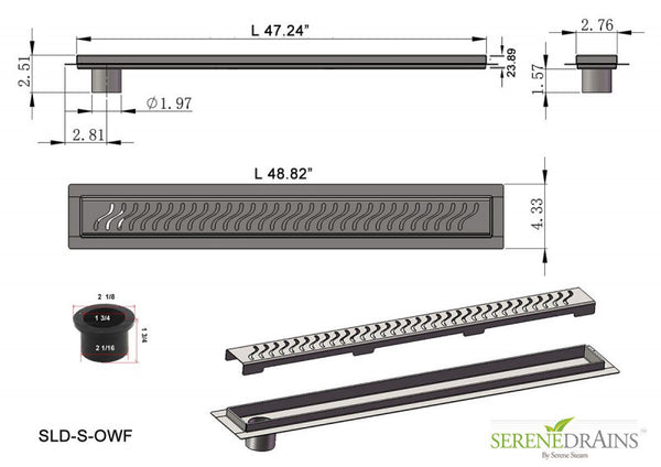 Side Outlet 48 Inch Linear Drain Complete Installation Kit SereneDrains