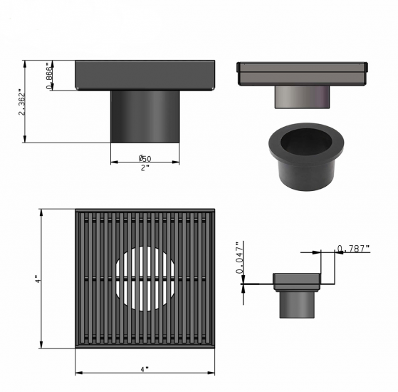 SereneDrains 4 inch Square Shower Drain Wedge Design Matte Black