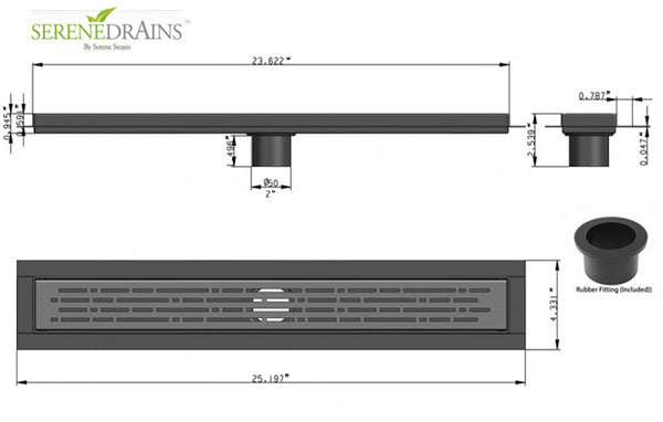 SereneDrains 24 Inch Linear Shower Drain Kit with 2 Inch Drain Flange, Hair Trap | 6 Grate Designs