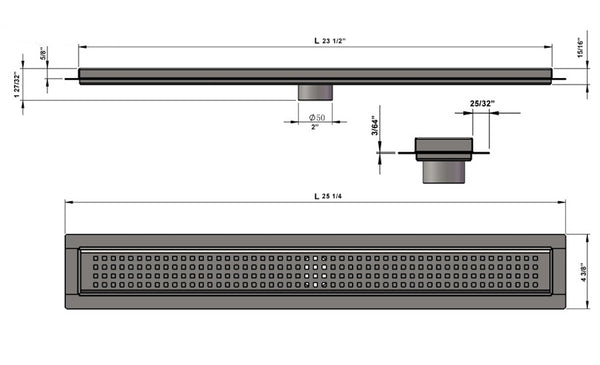 24 Inch Linear Drain, Brushed Nickel Traditional Square Design SereneDrains