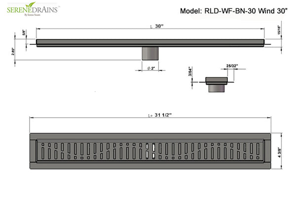 Shower Channel Drain Brushed Nickel Wind Design, SereneDrains