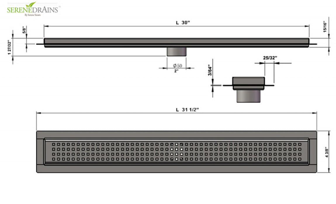 30 Inch Shower Trench Drain Brushed Nickel Traditional Square Design SereneDrains