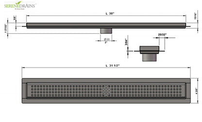 30 Inch Shower Trench Drain Brushed Nickel Traditional Square Design SereneDrains