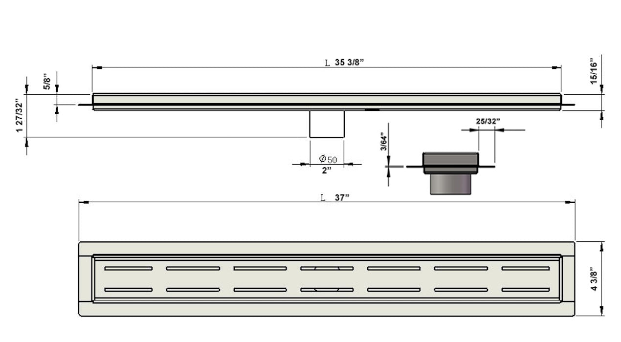 35 Inch Long Shower Drain Brushed Nickel Parallel Design, SereneDrains