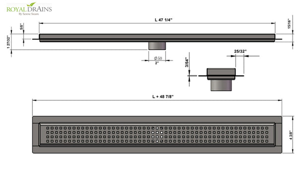 48 Inch Shower Trench Drain Brushed Nickel Traditional Square Design SereneDrains