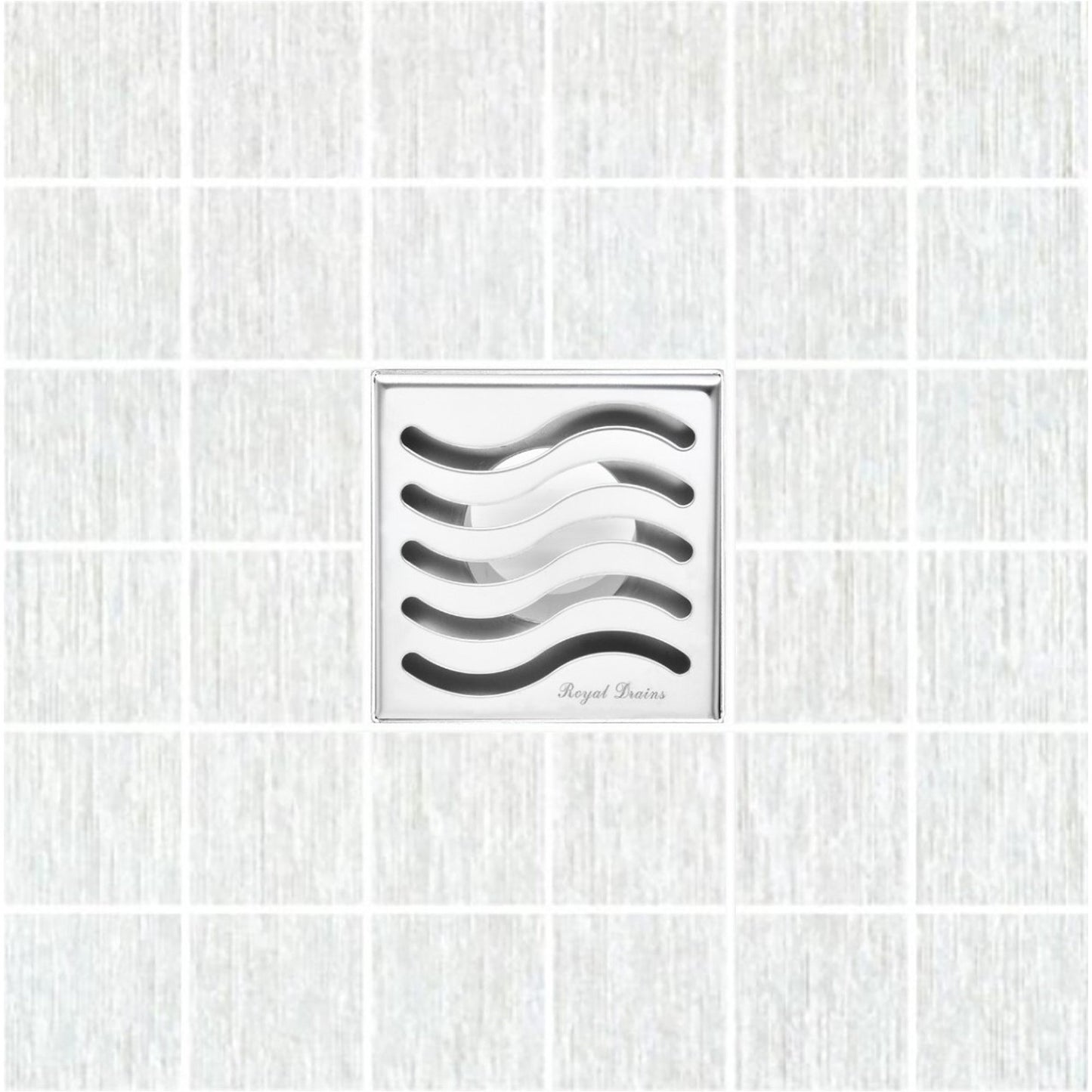 4 Inch Polished Chrome Square Floor Drain Wave Design by SereneDrains 