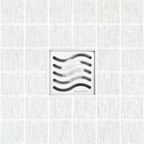 4 Inch Polished Chrome Square Floor Drain Wave Design by SereneDrains 