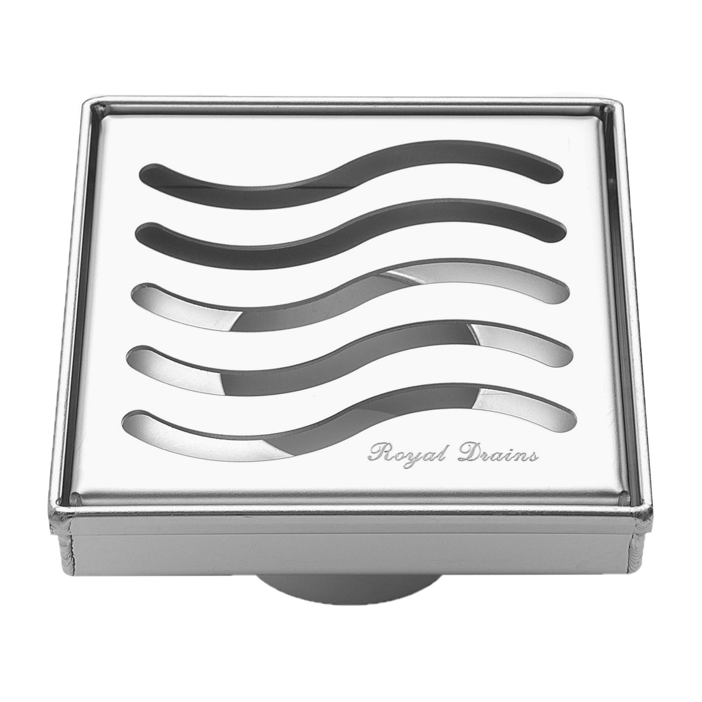 4 Inch Polished Chrome Square Floor Drain Ocean Wave Design by SereneDrains with Hair Trap 