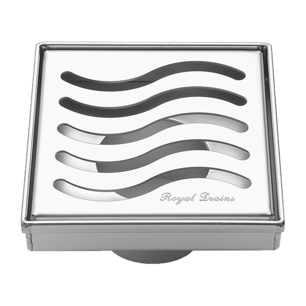 4 Inch Polished Chrome Square Floor Drain Ocean Wave Design by SereneDrains with Hair Trap 