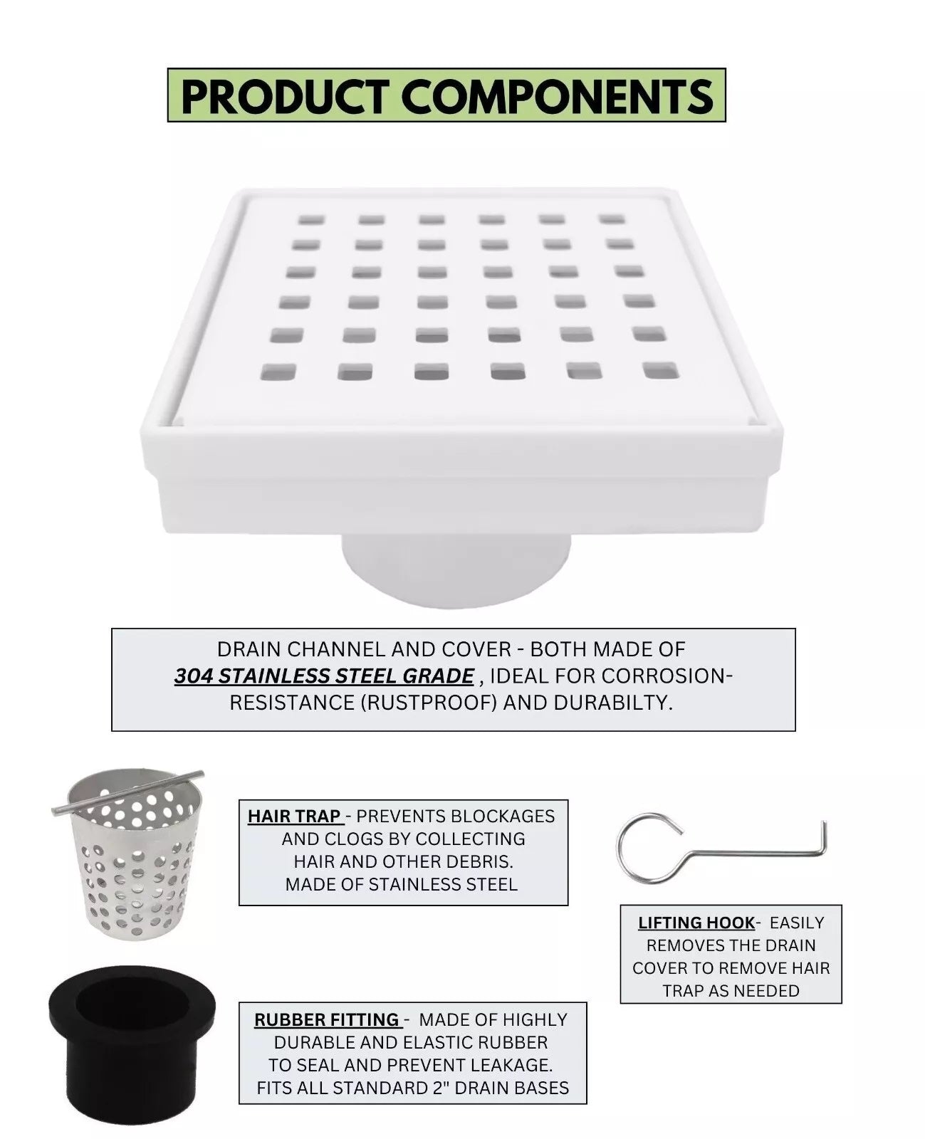 4 Inch Matte White Floor Drain with Hair Trap and Base Flange – Traditional Square Design