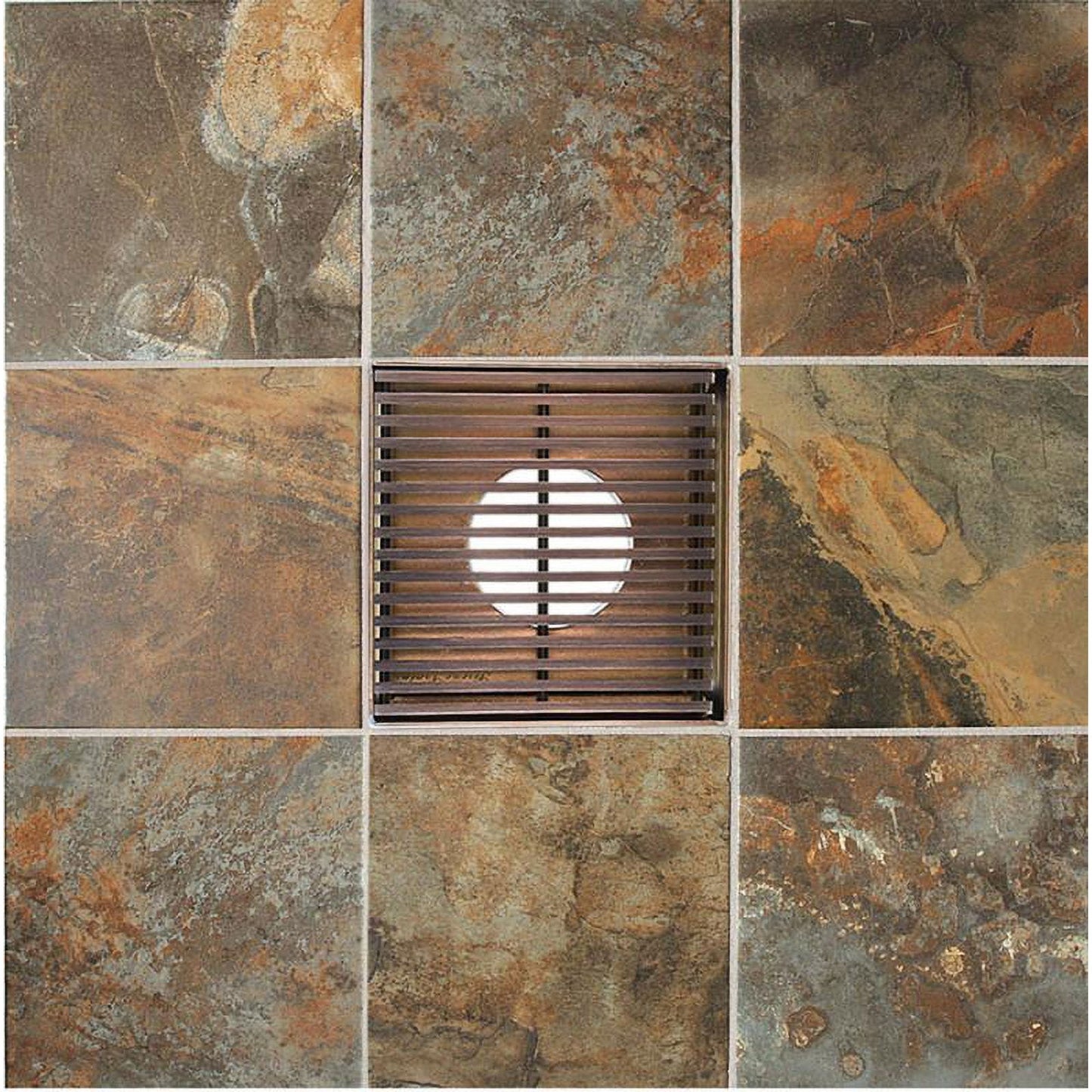 4 Inch Bronze Modern Shower Drain with Hair Strainer and Base Flange Wedge Wire Design