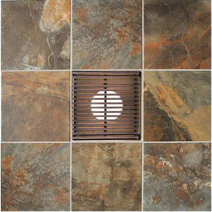 4 Inch Bronze Modern Shower Drain with Hair Strainer and Base Flange Wedge Wire Design