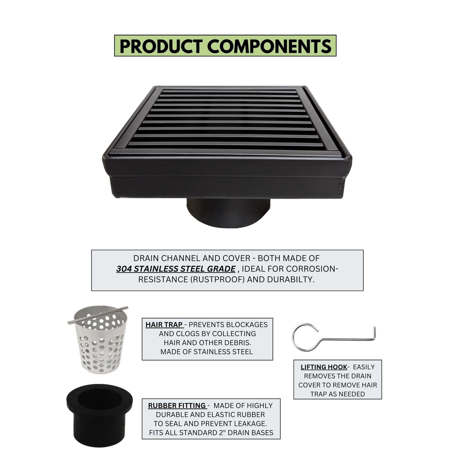 4 Inch Black Square Floor Drain with Hair Trap and Base Flange Wedgewire Design