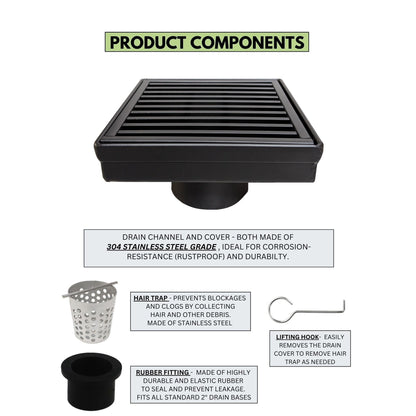 4 Inch Black Square Floor Drain with Hair Trap and Base Flange Wedgewire Design