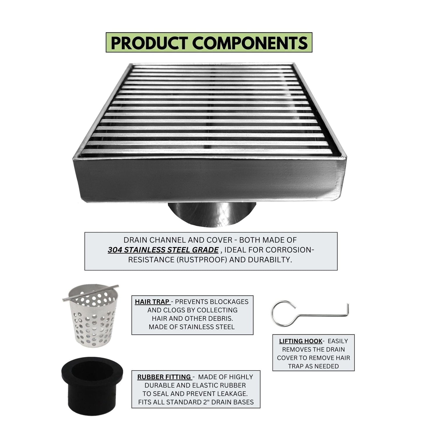 4 Inch Chrome Shower Drain Cover with Hair Trap and Base Flange Wedgewire Design