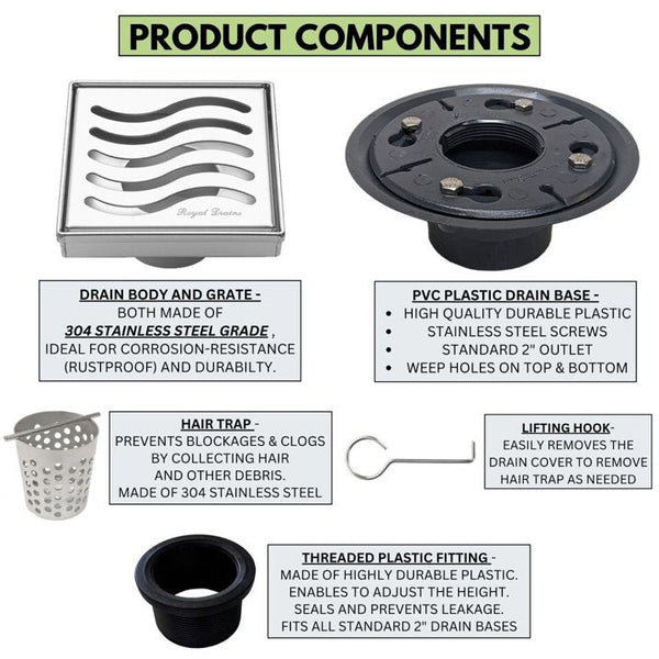 4 Inch Chrome Square Shower Drain kit with Hair Trap and Base Flange