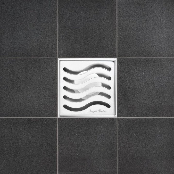 4 Inch Polished Chrome Square Floor Drain Ocean Wave Design by SereneDrains with Hair Trap 