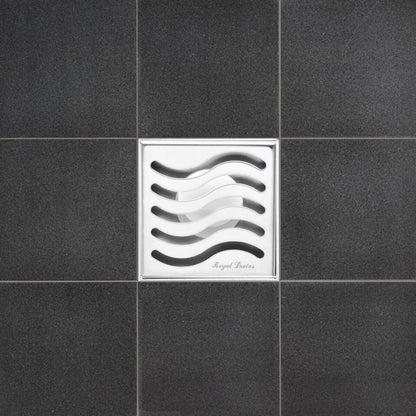 4 Inch Polished Chrome Square Floor Drain Ocean Wave Design by SereneDrains with Hair Trap 