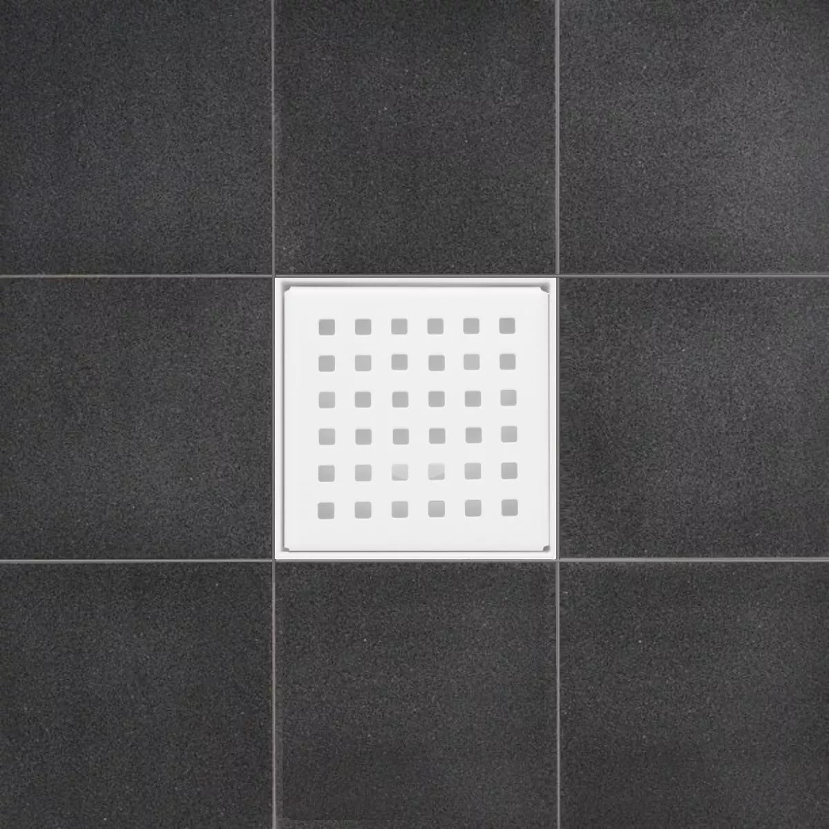 4 Inch Matte White Floor Drain with Hair Trap and Base Flange – Traditional Square Design