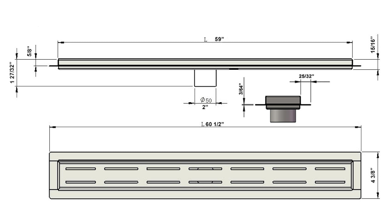60 Inch Long Shower Drain Brushed Nickel Parallel Design, SereneDrains