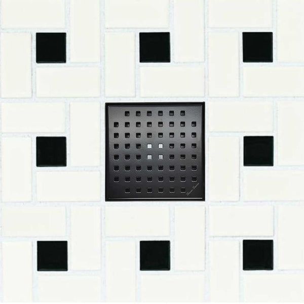 6 Inch Black Shower Drain with Hair Trap and Base Flange – Traditional Square Design