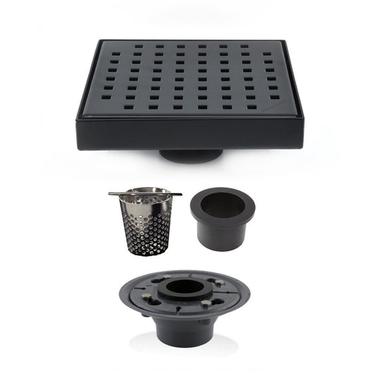 6 Inch Black Shower Drain with Hair Trap and Base Flange – Traditional Square Design