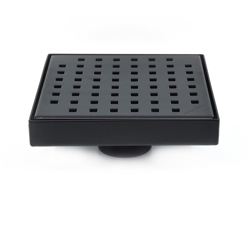 6 Inch Black Shower Drain with Hair Trap and Base Flange – Traditional Square Design