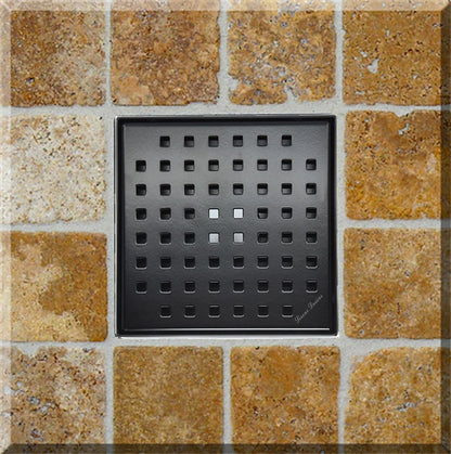 6 Inch Black Shower Drain with Hair Trap and Base Flange – Traditional Square Design